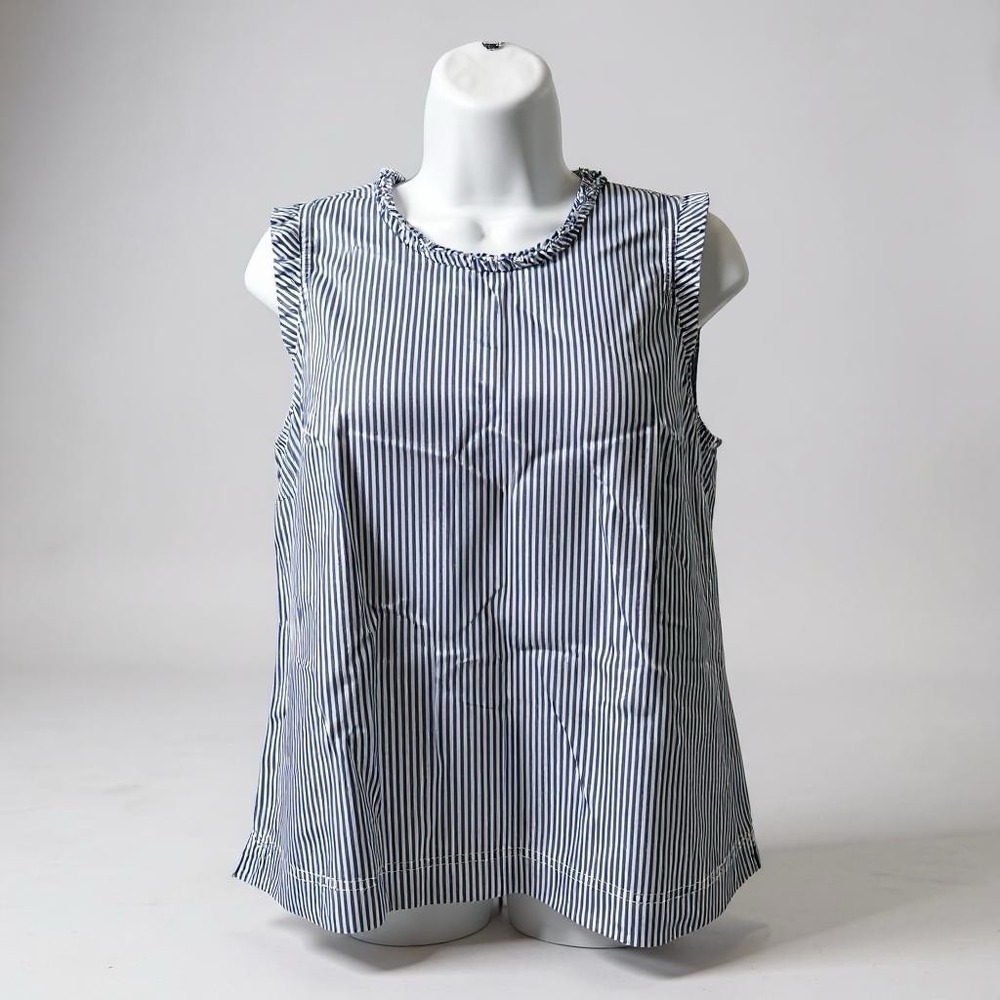 J.Crew Striped Ruffle Neck‎ Sleeveless Cotton Blouse Blue White – Size 2
